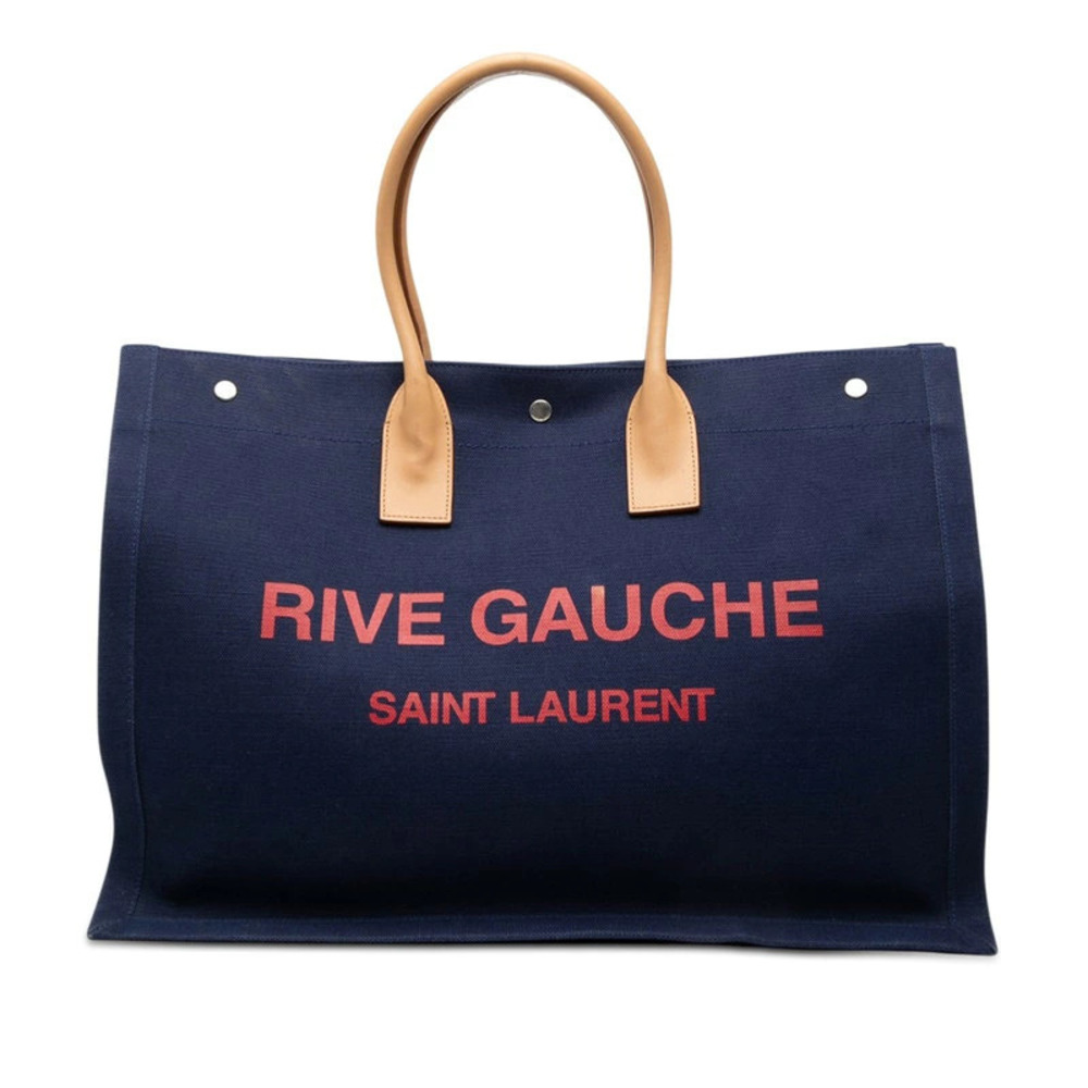 Saint Laurent Rive Gauche Tote Bag Navy Blue Multicolor Canvas Leather